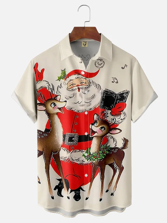 Tall Size Moisture-wicking Christmas Santa Chest Pocket Holiday Shirt