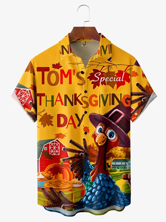 Tall Size Moisture-wicking Thanksgiving Turkey Chest Pocket Hawaiian Shirt