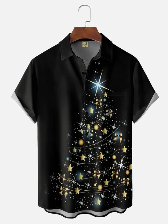 Tall Size Moisture-wicking Christmas Tree Chest Pocket Holiday Shirt