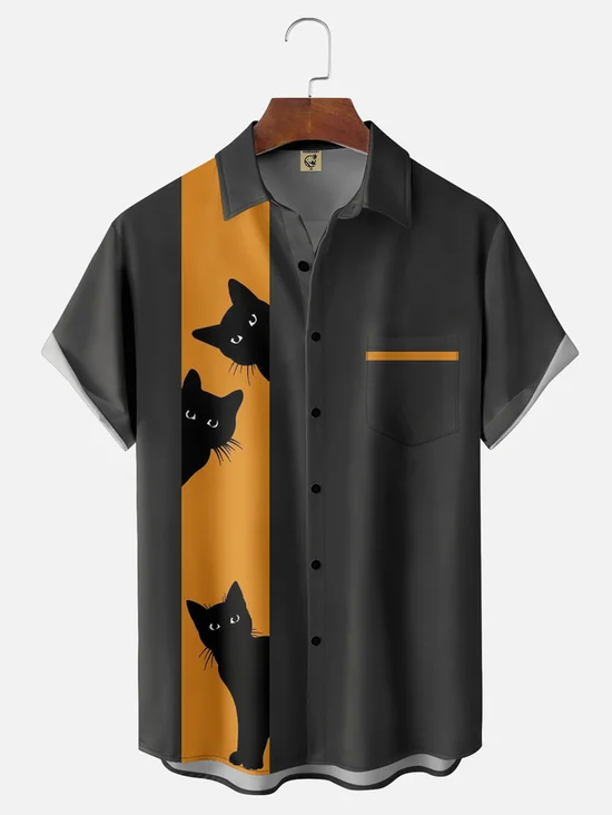 Tall Size Moisture-wicking Halloween Black Cat Chest Pocket Bowling Shirt