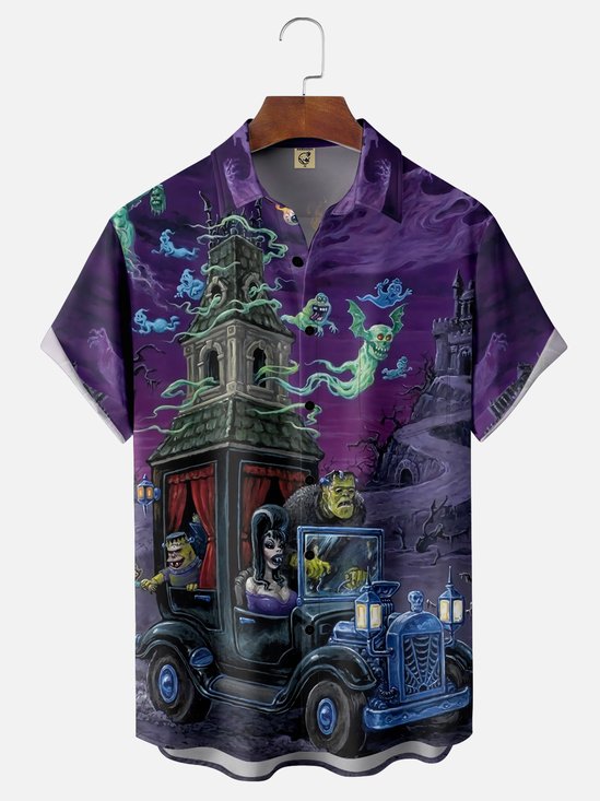 Men's Halloween Print Casual Short Sleeve Shirt with Chest Pocket