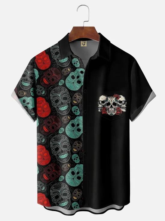 Moisture-wicking Day of the Dead Skull Chest Pocket Casual Shirt