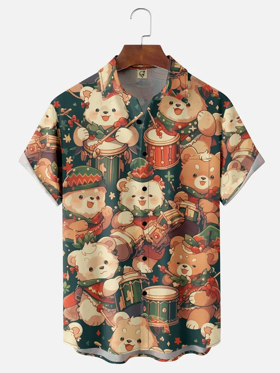Moisture Wicking Christmas Hat Cartoon Bear Chest Pocket Hawaiian Shirt