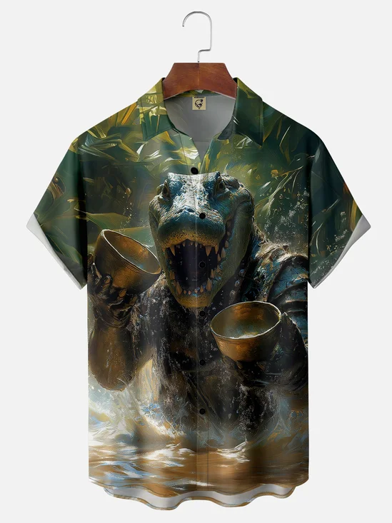 Moisture Wicking Abstract Gradient Crocodile Chest Pocket Hawaiian Shirt