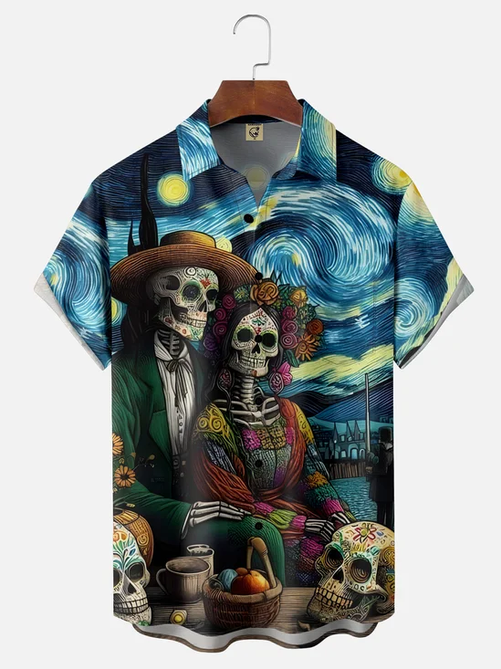 Moisture-wicking Day of the Dead Skull Chest Pocket Casual Shirt