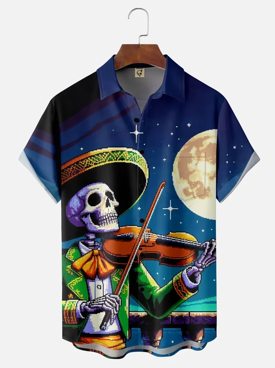 Moisture-wicking Day of the Dead Skull Music Chest Pocket Casual Shirt