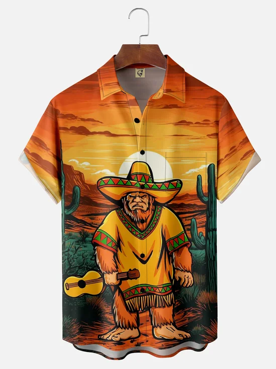 Moisture-wicking Bigfoot Guitar Cactus Chest Pocket Casual Shirt