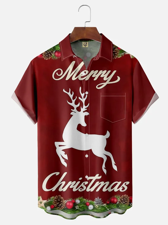 Moisture Wicking Christmas Elk Chest Pocket Hawaiian Shirt