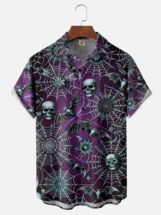 Moisture-wicking Halloween Skull Art Print Chest Pocket Hawaiian Shirt