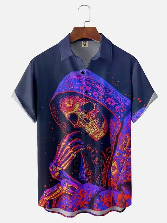 Moisture-wicking Day of the Dead Art Skull Painting Chest Pocket Hawaiian Shirt