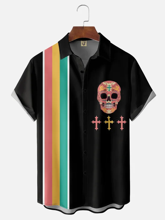 Moisture-wicking Day of the Dead Skeleton Art Painting Chest Pocket Bowling Shirt