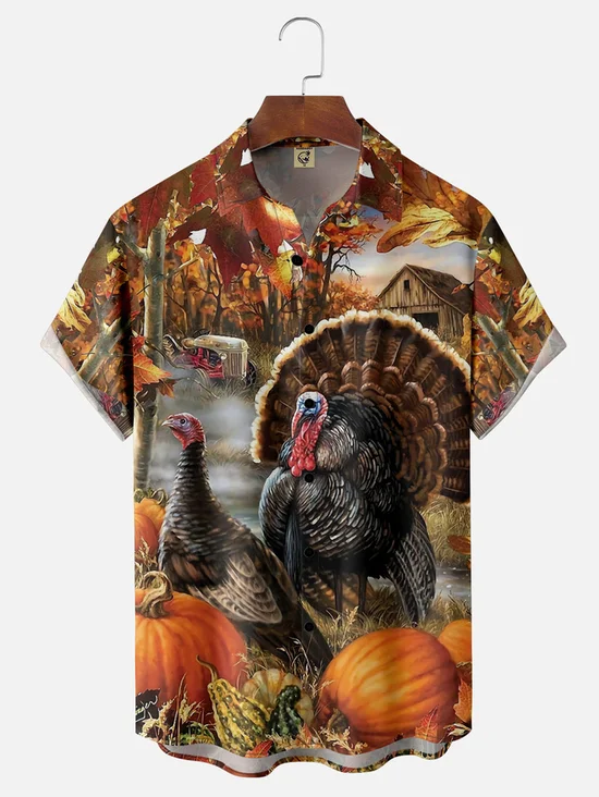 Tall Size Moisture Wicking Thanksgiving Turkey Chest Pocket Hawaiian Shirt