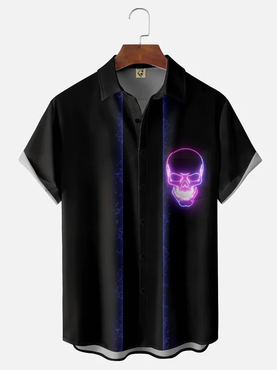 Moisture-wicking Fantasy Skull Art Chest Pocket Bowling Shirt