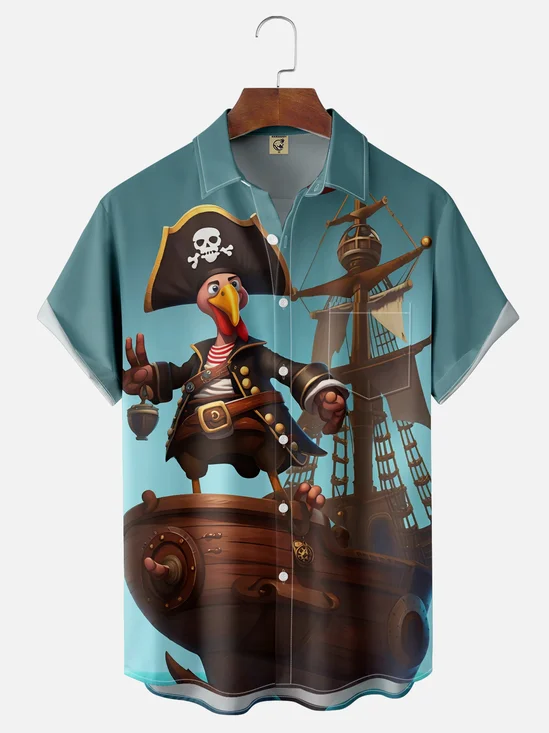 Moisture Wicking Thanksgiving Turkey Chest Pocket Hawaiian Shirt