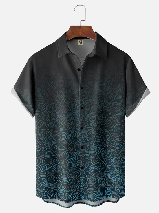 Moisture-wicking Art Abstract Wave Texture Chest Pocket Hawaiian Shirt