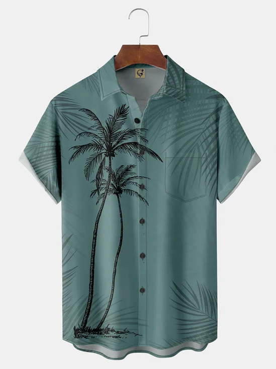 Tall Size Moisture Wicking Coconut Tree Chest Pocket Hawaiian Shirt
