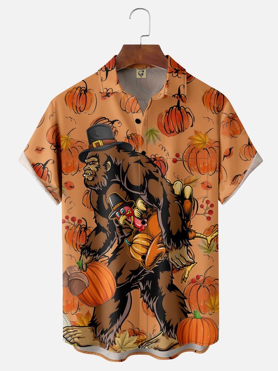 Moisture-wicking Bigfoot Thanksgiving Chest Pocket Hawaiian Shirt