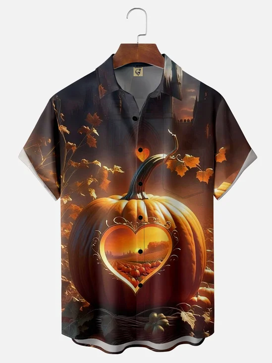 Moisture-wicking Thanksgiving Heart Pumpkin Illustration Art Chest Pocket Hawaiian Shirt
