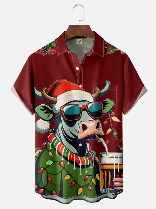 Moisture Wicking Christmas Cow Chest Pocket Hawaiian Shirt