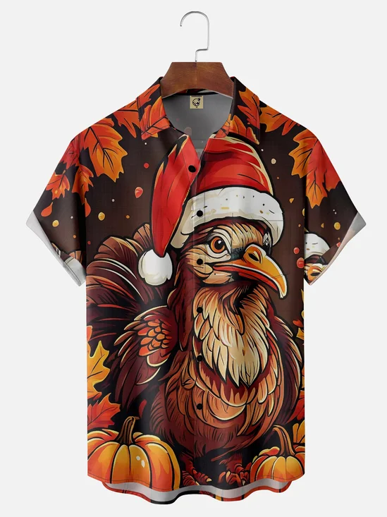 Moisture Wicking Thanksgiving Turkey Chest Pocket Hawaiian Shirt