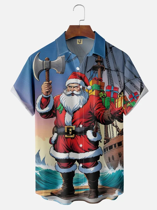 Moisture Wicking Christmas Santa Chest Pocket Hawaiian Shirt