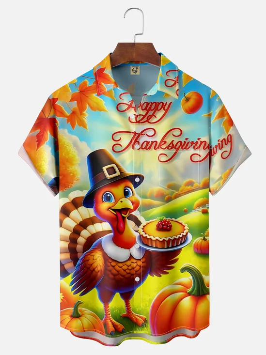 Moisture Wicking Thanksgiving Turkey Chest Pocket Hawaiian Shirt