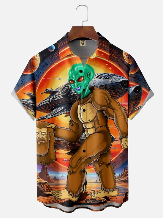 Moisture Wicking Space Alien Bigfoot Chest Pocket Hawaiian Shirt