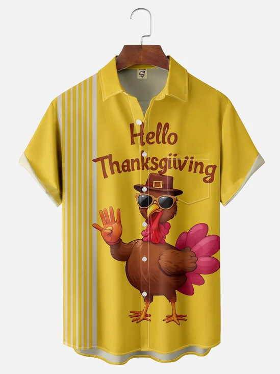 Moisture Wicking Thanksgiving Turkey Chest Pocket Bowling Shirt