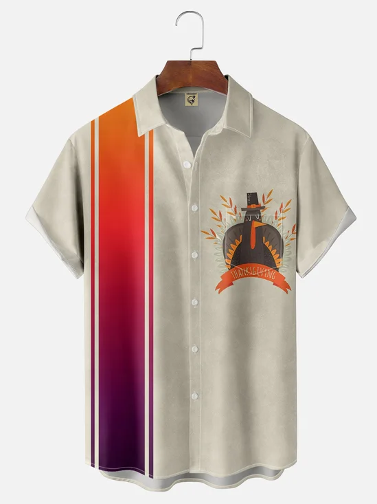 Moisture-wicking Thanksgiving Turkey Illustration Art Chest Pocket Bowling Shirt