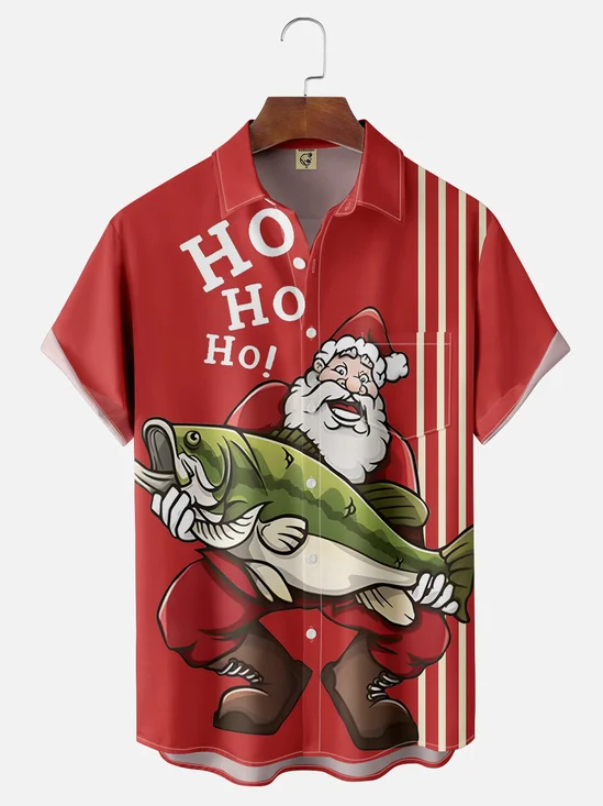 Moisture Wicking Christmas Santa Chest Pocket Bowling Shirt
