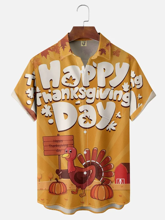 Moisture Wicking Thanksgiving Turkey Chest Pocket Hawaiian Shirt