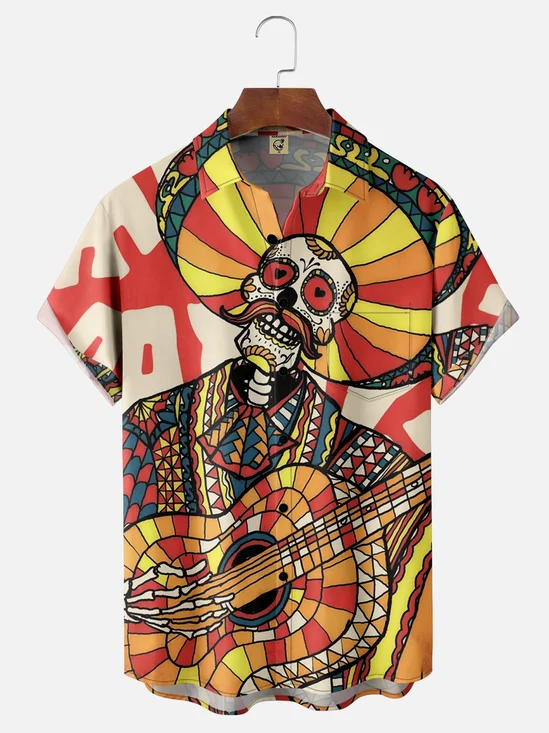 Moisture-wicking Day of the Dead Skeleton Music Performance Chest Pocket Hawaiian Shirt