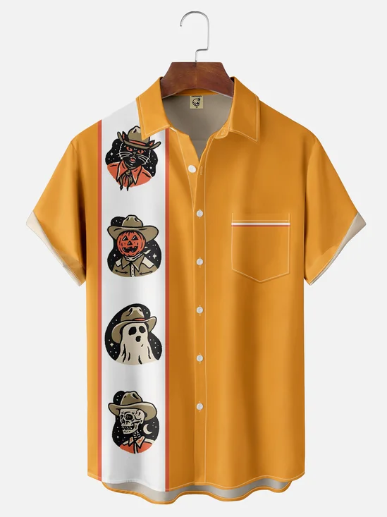 Moisture-wicking Halloween Skull Vintage Illustration Chest Pocket Bowling Shirt