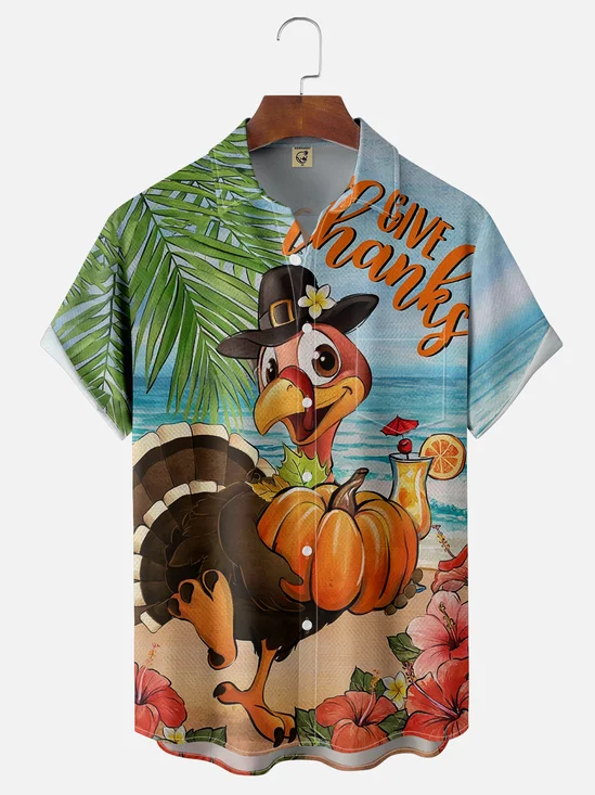 Moisture Wicking Thanksgiving Turkey Chest Pocket Hawaiian Shirt