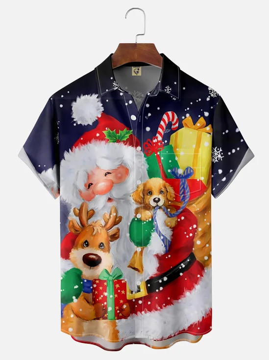 Moisture Wicking Christmas Santa Chest Pocket Hawaiian Shirt