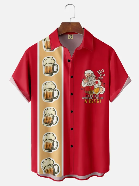 Moisture-wicking Christmas Santa Claus Beer Chest Pocket Bowling Shirt