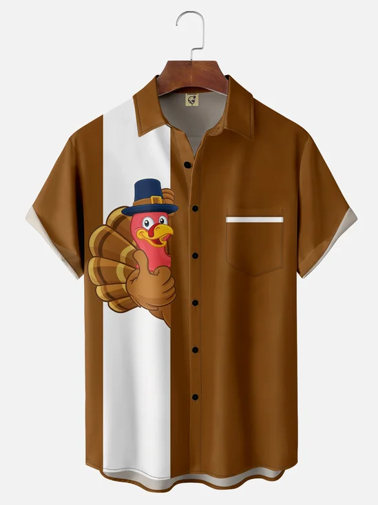 Moisture-wicking Thanksgiving Turkey Chest Pocket Bowling Shirt