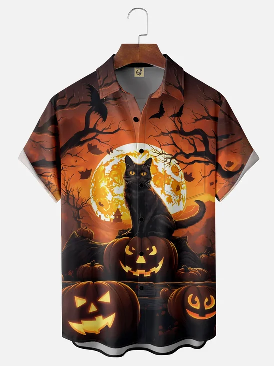 Moisture-wicking Halloween Pumpkin Cat Chest Pocket Casual Shirt