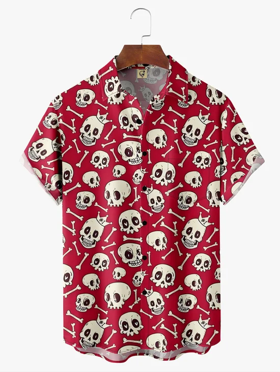 Tall Size Moisture Wicking Halloween Skull CrossChest Pocket Hawaiian Shirt