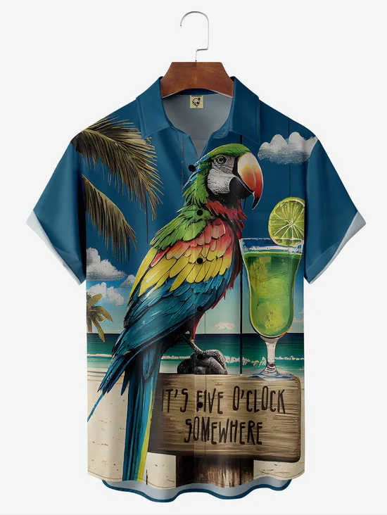 Tall Size Moisture Wicking Parrot Cocktail Chest Pocket Hawaiian Shirt