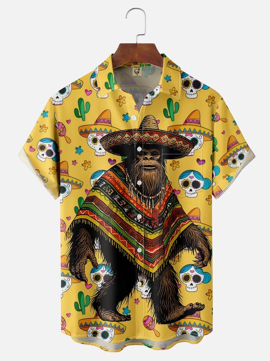 Moisture-wicking Bigfoot Skull Cactus Chest Pocket Casual Shirt