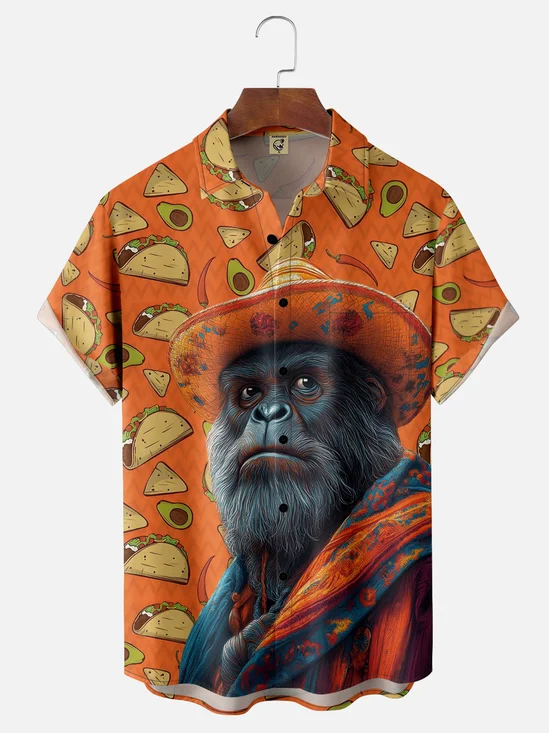 Moisture-wicking Food Print Orangutan Chest Pocket Hawaiian Shirt