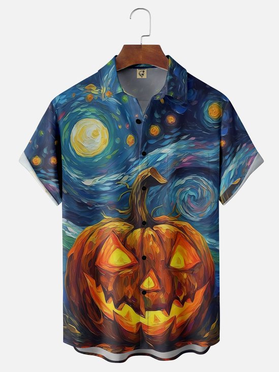 Moisture Wicking Halloween Pumpkin Chest Pocket Hawaiian Shirt