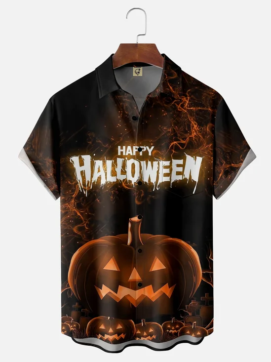 Moisture Wicking Halloween Pumpkin Chest Pocket Hawaiian Shirt