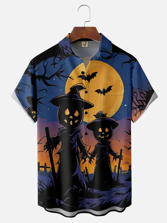 Moisture Wicking Halloween Pumpkin Scarecrow Chest Pocket Hawaiian Shirt