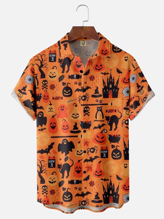 Moisture Wicking Halloween Cat Pumpkin Ghost Chest Pocket Hawaiian Shirt