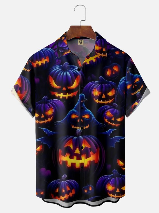 Moisture-wicking Halloween Pumpkin Chest Pocket Casual Shirt