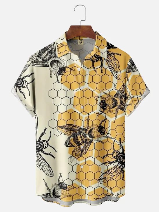 Moisture-wicking Bee Art Illustration Chest Pocket Hawaiian Shirt