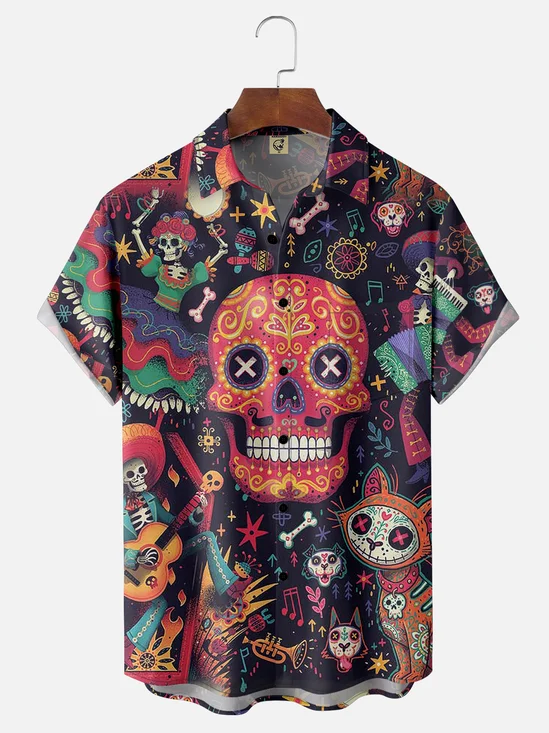 Moisture-wicking Day of the Dead Skull Illustration Chest Pocket Hawaiian Shirt