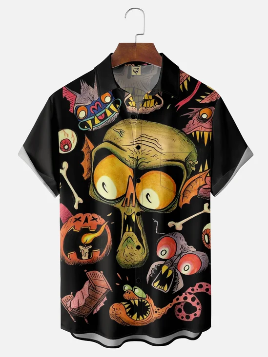 Moisture-wicking Halloween Monster Vintage Illustration Chest Pocket Hawaiian Shirt